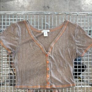 Urban Outfitters Tan Button-Up Crop Top with Orange Trim